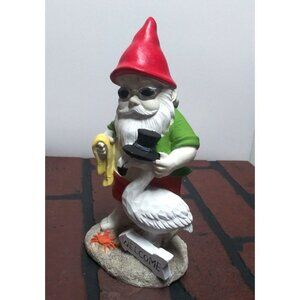Garden Gnome Sculpture Statue Figurine w/crane / heron/ swan on the beach 8.5"